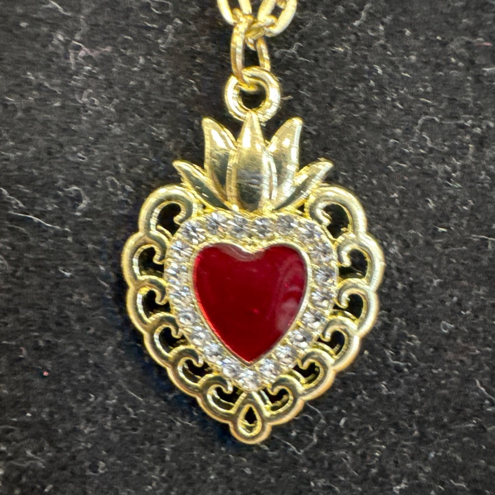 Sacred Heart flaming Pendant Necklace with Red enamel and Rhinestones Mom gift!